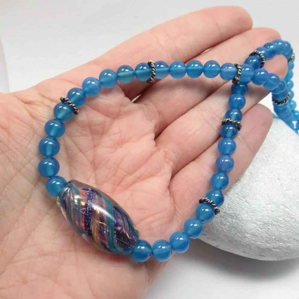 Blue Quartz Stone Necklace With Glass Bead